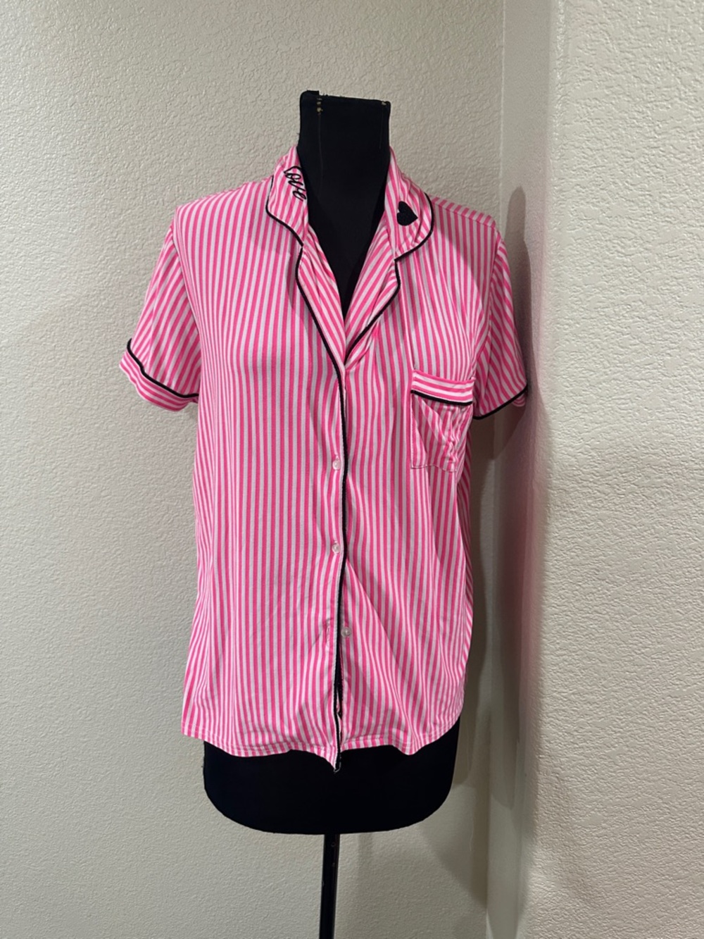Pink & White Striped Pant & Sleeve Pajama Top with Black Trim